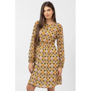 Rochie midi cu imprimeu floral galben sofran-verde olive