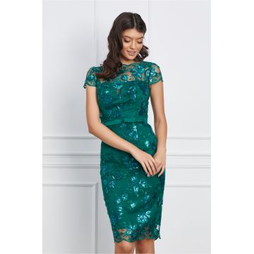 Rochie eleganta verde din dantela si paiete