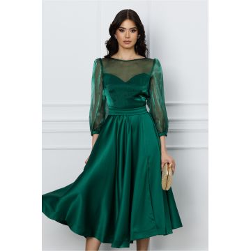 Rochie verde din satin cu bust din organza