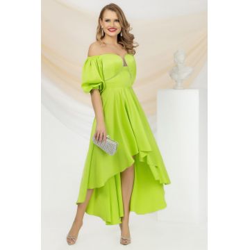 Rochie de ocazie asimetrica Pretty Girl lime cu umeri goi