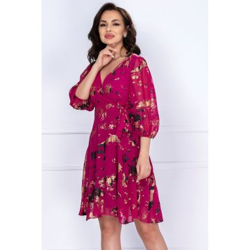 Rochie din voal Evolette in clos fuchsia cu print aramiu