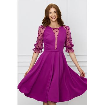 Rochie eleganta magenta cu maneci din tull cu buline catifelate