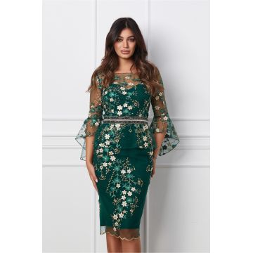 Rochie eleganta verde cu broderie florala bej