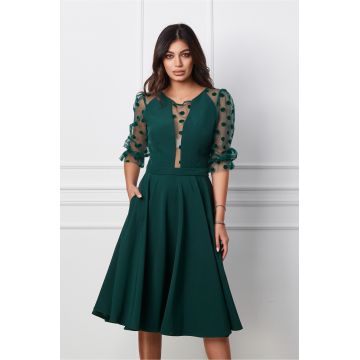 Rochie eleganta verde cu maneci din tull cu buline catifelate