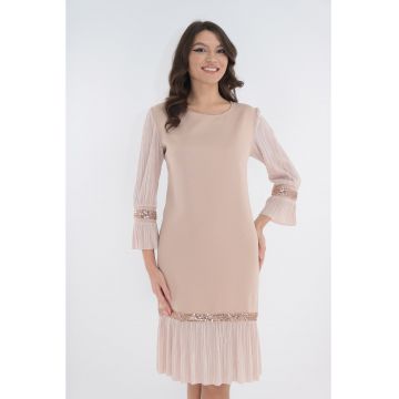 Rochie eleganta bej cu paiete si matase plisata