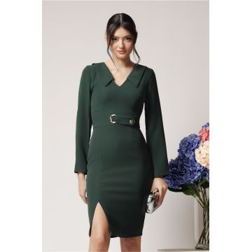 Rochie Moze office din stofa verde cu catarama in talie