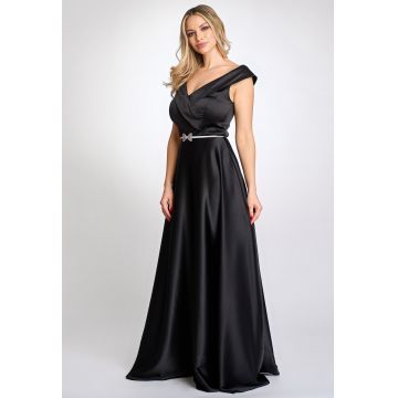 Rochie de ocazie lunga Astrid neagra din satin & curea