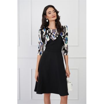 Rochie MBG neagra cu imprimeu albastru pe bust si maneci