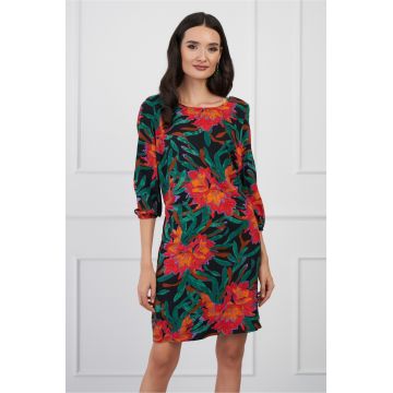 Rochie Mirela neagra cu imprimeuri florale rosii