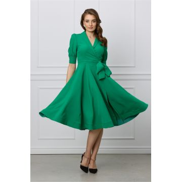 Rochie office verde cu funda in talie