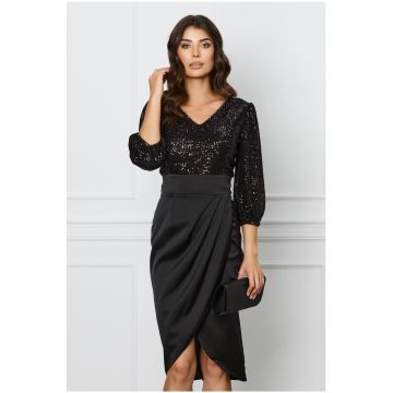 Rochie Dy Fashion neagra cu paiete la bust si fusta din satin