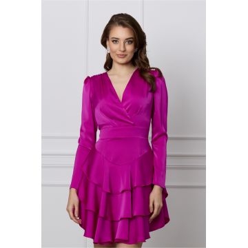 Rochie Moze fucsia din satin cu volane pe fusta