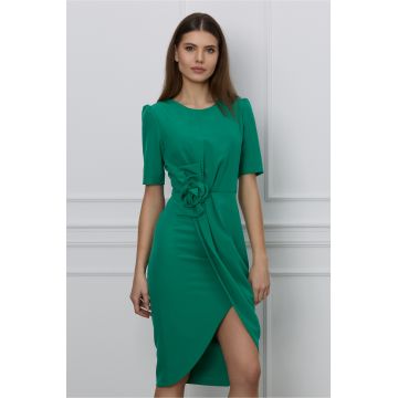 Rochie office verde cu floare 3D in talie