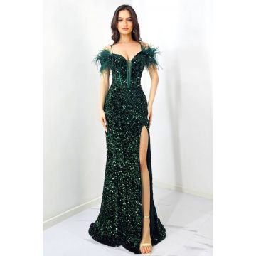 Rochie de seara Lady Marry, croi tip sirena, cu paiete si pene, Verde inchis