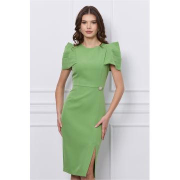 Rochie office verde cu umeri bufanti si aplicatie pe talie