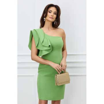 Rochie eleganta verde fistic cu un volan pe umar