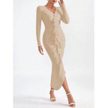 Rochie maxi cu decolteu in V si maneci lungi, crem, dama