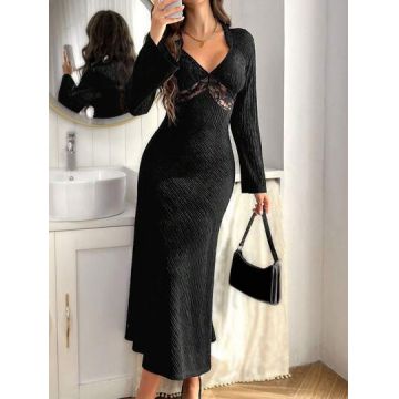 Rochie maxi cu decolteu si aplicatii dantela, negru, dama