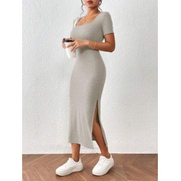 Rochie maxi cu slit si decolteu patrat, gri, dama