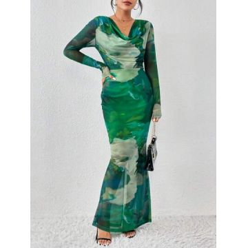 Rochie maxi cu volan, maneca lunga si imprimeu, verde, dama