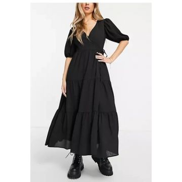 Rochie maxi petrecuta cu decolteu in V si slit pe picior, negru, XS