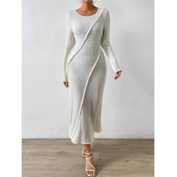 Rochie midi cu decolteu la baza gatului, alb, dama