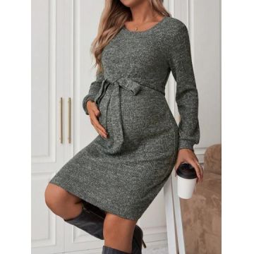 Rochie midi cu maneca lunga, cordon in talie, Maternity, gri, dama