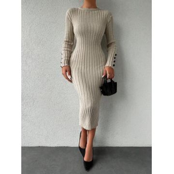 Rochie midi cu model tricotat si nasturi la maneci, crem