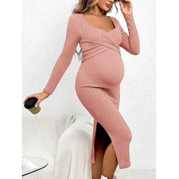 Rochie midi cu slit, decolteu si maneci lungi, Maternity, roz