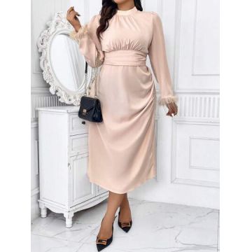 Rochie midi din satin cu maneca lunga si pene, crem