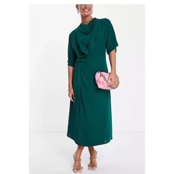 Rochie midi din voal cu maneca 3/4 si slit pe picior, verde