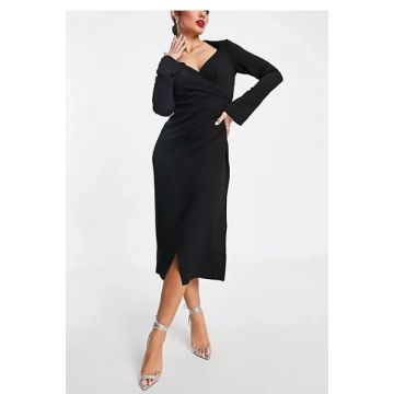 Rochie midi petrecuta cu maneca lunga si decolteu, negru, dama