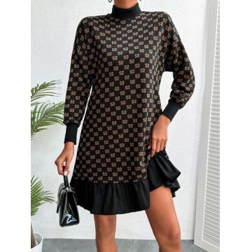 Rochie mini cu imprimeu, maneca lunga si guler, negru, dama