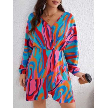 Rochie mini cu imprimeu si maneca lunga, multicolor, dama