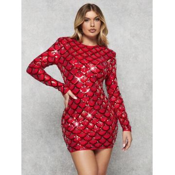 Rochie mini cu maneca lunga, imprimeu, rosu, dama