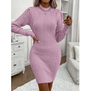 Rochie mini cu maneca lunga si model tricotat, roz