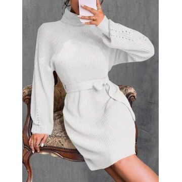 Rochie mini din tricot, cu guler si cordon, alb, dama, Shein