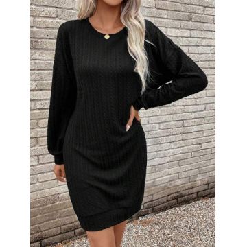 Rochie mini din tricot, cu maneca lunga, negru, dama, Shein