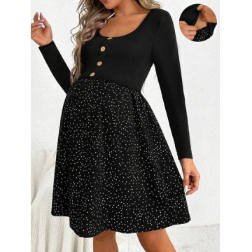 Rochie mini pentru alaptat, cu maneci lungi si imprimeu, Maternity, negru