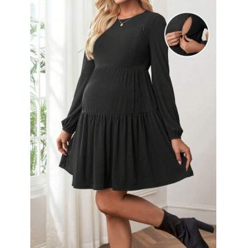 Rochie mini pentru alaptat, cu volane si maneci lungi, Maternity, negru