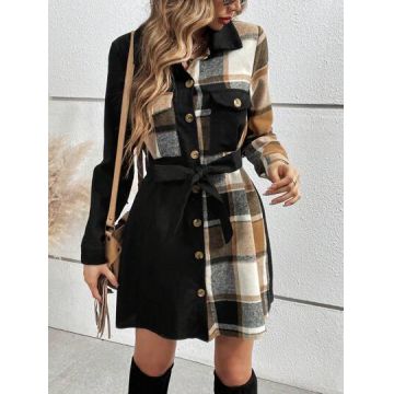 Rochie mini, stil flanel, cu nasturi si cordon, negru, dama