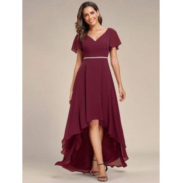 Rochie maxi, asimetrica, cu maneca scurta si decolteu, rosu, dama, Shein