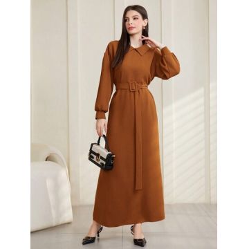 Rochie maxi cu maneca lunga si curea, portocaliu, dama, Shein