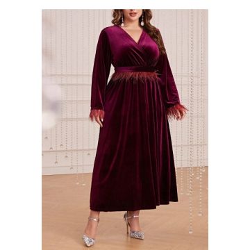 Rochie maxi, cu maneca lunga si decolteu, visiniu, dama, Shein