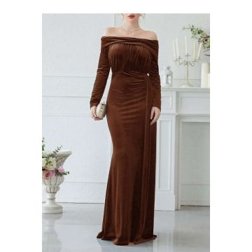 Rochie maxi, eleganta, cu umerii goi, maro, dama, Shein