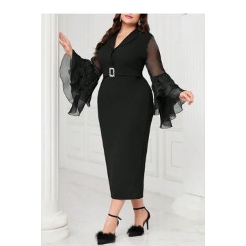 Rochie midi cu decolteu si maneca lunga, negru, dama, Shein