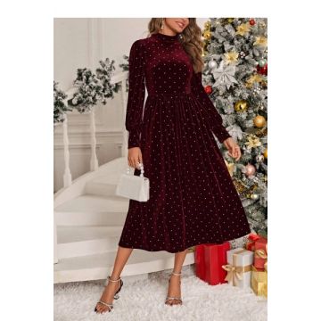 Rochie midi cu imprimeu buline si maneca lunga, rosu, dama, Shein