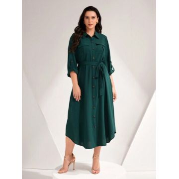 Rochie midi cu maneca lunga si cordon, verde, dama, Shein