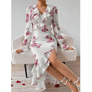 Rochie midi cu slit, imprimeu floral si volane, alb, dama, Shein