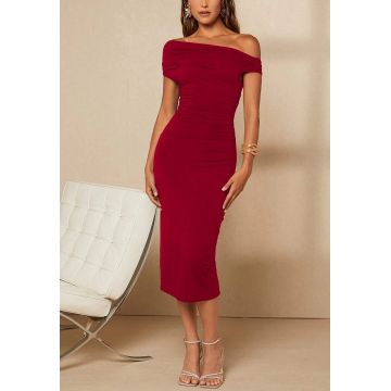 Rochie midi, cu umerii goi, rosu, dama, Shein